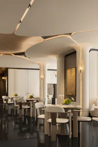 Modern luxury dining room featuring an undulating sculptural ceiling with integrated lighting, round travertine tables, upholstered dining chairs, and a large abstract painting on a textured wall.