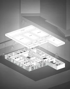 Monochrome architectural axonometric drawing showing an exploded layered floor plan of a luxury hotel with labeled suites, lobby, and staff areas.