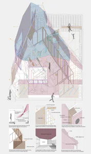 多層三角形住宅的建築剖切圖，呈現室內配置、木材格柵屏風、混凝土砌塊牆以及詳細構造標註。