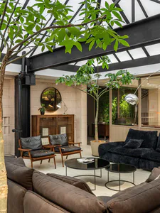 Modern living room with dark velvet sectional sofa, brown leather and wood armchairs, round black coffee tables, large potted trees, and a glass skylight with black metal framework.