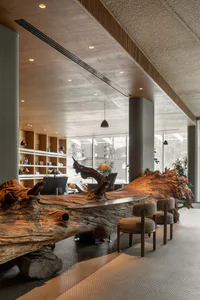 Modern lobby interior featuring an enormous live-edge wood reception desk made from a massive tree trunk, paired with upholstered chairs and concrete architectural elements.
