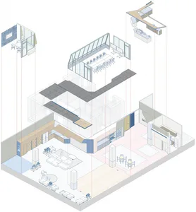 Architectural exploded axonometric view of a modern multi-level office interior showing reception, lounge, meeting room, and upper-level conference area with glass partitions and mixed materials.