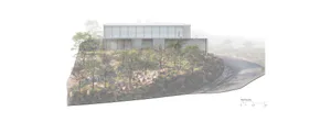 Architectural rendering of a modern glass and concrete house built into a rocky hillside with a winding road below and distant mountains in the background.