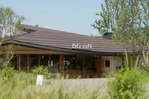 BG Café 外觀，呈現長弧形棕色木屋頂、大面玻璃窗、石材砌牆，以及藍天下環繞的樹木與植栽。