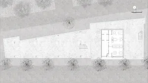 Black and white architectural floor plan of a modern single-story villa featuring a large central courtyard, multiple living and dining areas, and extensive landscaping with trees.