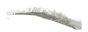 Architectural section drawing showing the north facade of a modern glass house integrated into a steep, tree-covered mountainside with a person standing on the viewing platform.