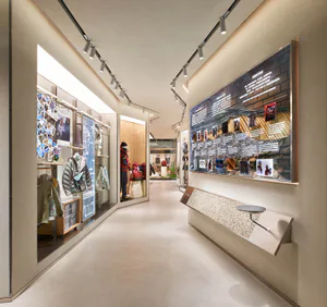 The North Face 台北旗艦店明亮的長廊，左側為服裝展示，右側為大型品牌歷史數位牆，搭配客製水磨石長椅。