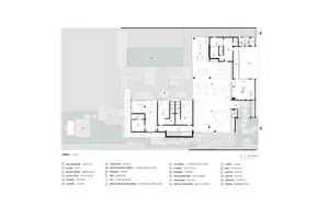 Black and white architectural floor plan of a large luxury villa showing Level 1 layout including entry hall, living room, dining room, gourmet kitchen, multiple suites, staff quarters, garage, and a large swimming pool.