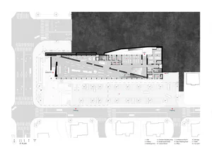 Architectural floor plan of a modern public library showing entrance, reading areas, lecture rooms, conference spaces, and adjacent parking and landscaping.