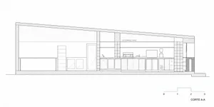 Black and white architectural section drawing labeled CORTE A-A showing the interior layout of Gutierrez Cafe with service counter, espresso machine, display cases, and storage units.