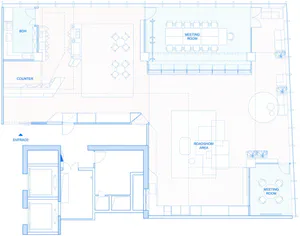 Blue architectural floor plan of a modern office featuring entrance, back of house, counter, multiple meeting rooms, roadshow area, and open collaboration zones.