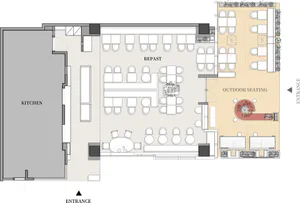 現代餐廳建築平面圖，顯示廚房、標示REPAS的主用餐區，以及設有圓形吧台與綠化的戶外座位區。