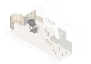 Isometric view of a contemporary art gallery interior with curved beige walls, large raw stone sculptures on pedestals, and minimalist display fixtures.