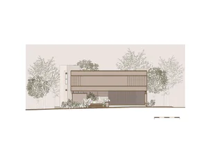 Architectural elevation drawing of a modern two-story house with a perforated metal facade, surrounded by flowering trees and tropical landscaping.