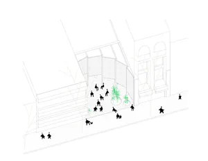 Architectural rendering of a modern urban plaza with perforated metal facade, outdoor cafe seating, circular planters with trees, and people gathering in a pedestrian-friendly space.