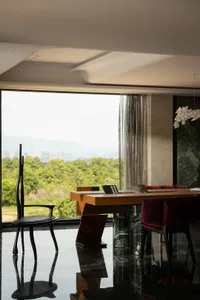Modern dining room featuring a sculptural wooden dining table with a green marble cylindrical base, black organic-shaped chair, and burgundy velvet dining chairs, set against a floor-to-ceiling window overlooking a lush green landscape and distant city skyline.