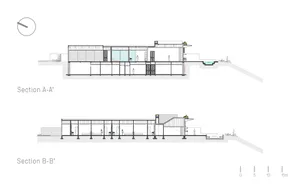 黑白建築剖面圖，標示為A-A'剖面與B-B'剖面，顯示一座現代單層沙漠住宅，並附有比例尺。