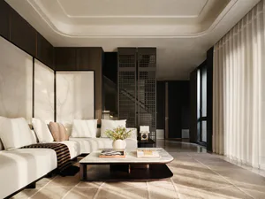 Modern luxury living room featuring a white L-shaped sectional sofa, marble coffee table with books and a floral arrangement, dark wood wall paneling with marble inlay, and a dramatic grid-patterned room divider leading to a staircase.