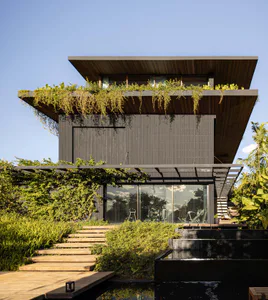 Front view of a two-story modern tropical house with dark wood and concrete facade, extensive hanging plants on the upper cantilevered roof, wooden walkway, and a black water feature in a lush garden setting.