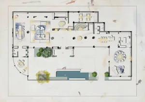 Architectural floor plan of a large modern luxury villa showing living areas, dining, bedrooms, courtyard with pool, and landscaped garden spaces.