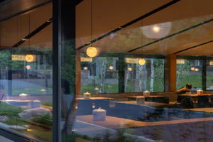 Interior view of a modern Japanese restaurant featuring wooden tables, built-in seating, spherical pendant lights, and a lush forest visible through floor-to-ceiling glass windows.