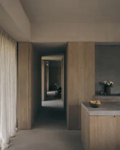 A minimalist interior hallway with tall oak wood cabinetry and doors on the left, a concrete wall and counter on the right featuring a wooden bowl of pears and a vase of white flowers, with a curtain on the far left and a view into a distant living area with a chair.