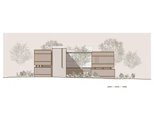 Architectural elevation drawing of a modern two-story residence featuring concrete walls, wooden lattice screens, and lush landscaping with flowering trees.