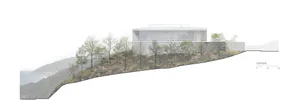 Architectural rendering of a modern glass and concrete house built into a rocky hillside overlooking the ocean, showing the south facade with surrounding trees and a scale bar.