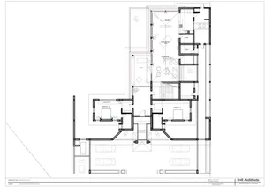 Black and white architectural ground floor plan of Kalrav Nest Goldfinch Villa showing living areas, bedrooms, kitchen, and parking layout.