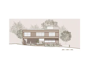 Architectural elevation drawing of a two-story modern house with wooden lattice panels, large windows, and surrounding trees.