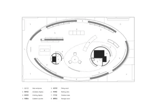 Architectural floor plan of a modern oval boutique with numbered zones including main entrance, clothing display, fitting rooms, cashier counter, and resting area.