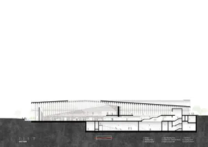 Architectural section drawing of a modern public library showing multiple floors, reading areas, auditorium, and integration with the sloped terrain.