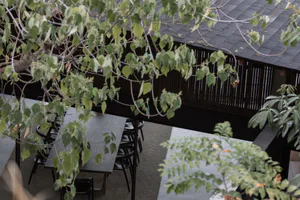 High-angle view of a modern outdoor dining table with black chairs on a concrete and carpeted courtyard floor, partially framed by green tree branches and a dark wooden slatted building facade in the background.