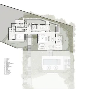 Detailed 2D architectural floor plan of a large luxury residence featuring living areas, multiple bedrooms, kitchen, terraces, garden, and a swimming pool, surrounded by trees on a sloped site.