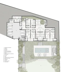 Architectural floor plan of a large luxury multi-story villa showing parking garage, living areas, bedrooms, cinema room, pool, and landscaped gardens.