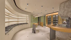 Modern jewelry boutique interior featuring curved white display shelves, concrete rock-like display cases, warm oak counters, and soft green accent walls under artistic ceiling lighting.