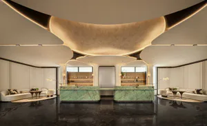 Modern luxury hotel lobby interior with two green marble reception desks, white curved sofas, dark polished floor, and a massive undulating beige ceiling feature with integrated lighting.